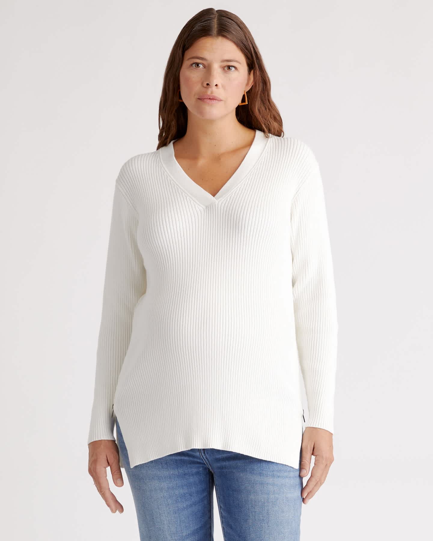 W--137-IVY 0004 ivory 100% Organic Cotton Fisherman Side Zip Maternity & Nursing Sweater