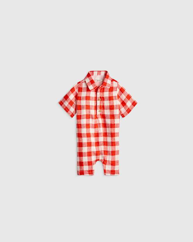 Picnic Gingham 100% Linen Button Front Romper