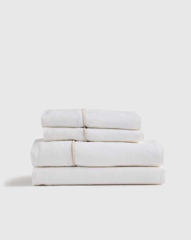 White/Toffee European Linen Piped Sheet Set