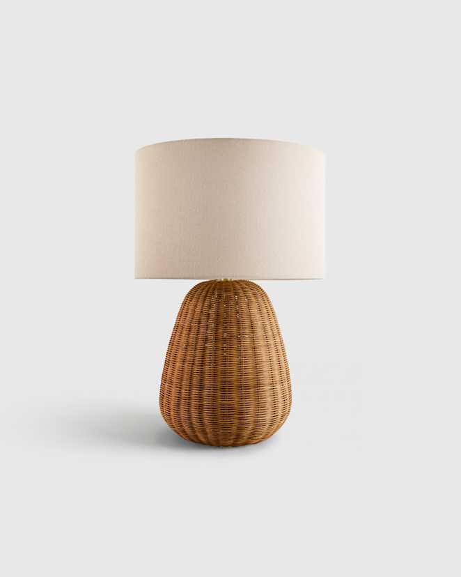 Medium Brown Natural Rattan Table Lamp with Linen Shade