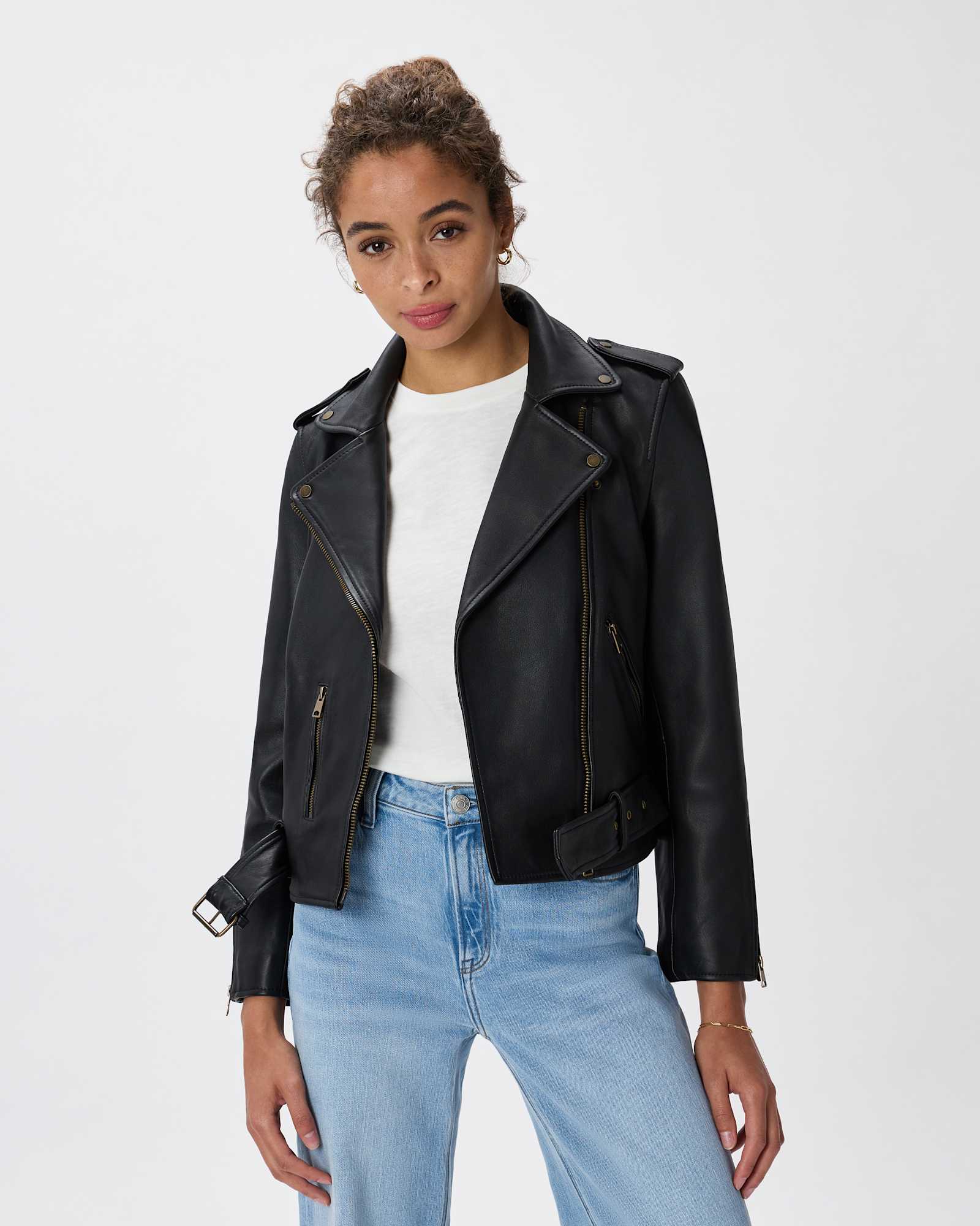 true-black/brass-hardware 100% Leather Motorcycle Jacket