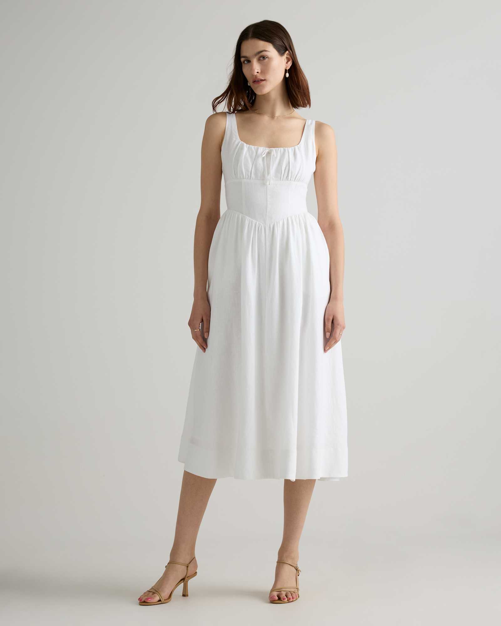 white 100% European Linen Corset Midi Dress