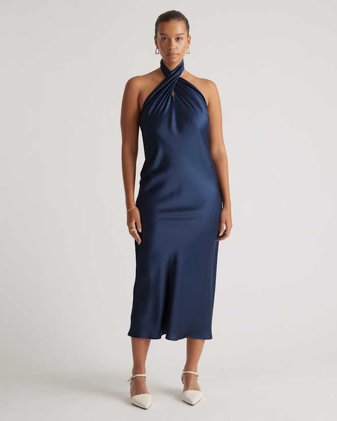 Navy 100% Washable Silk Twist Halter Midi Dress
