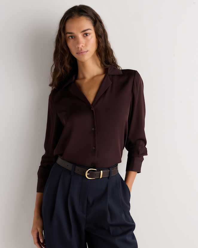 Chocolate Plum Brown Washable Stretch Silk Notch Collar Blouse