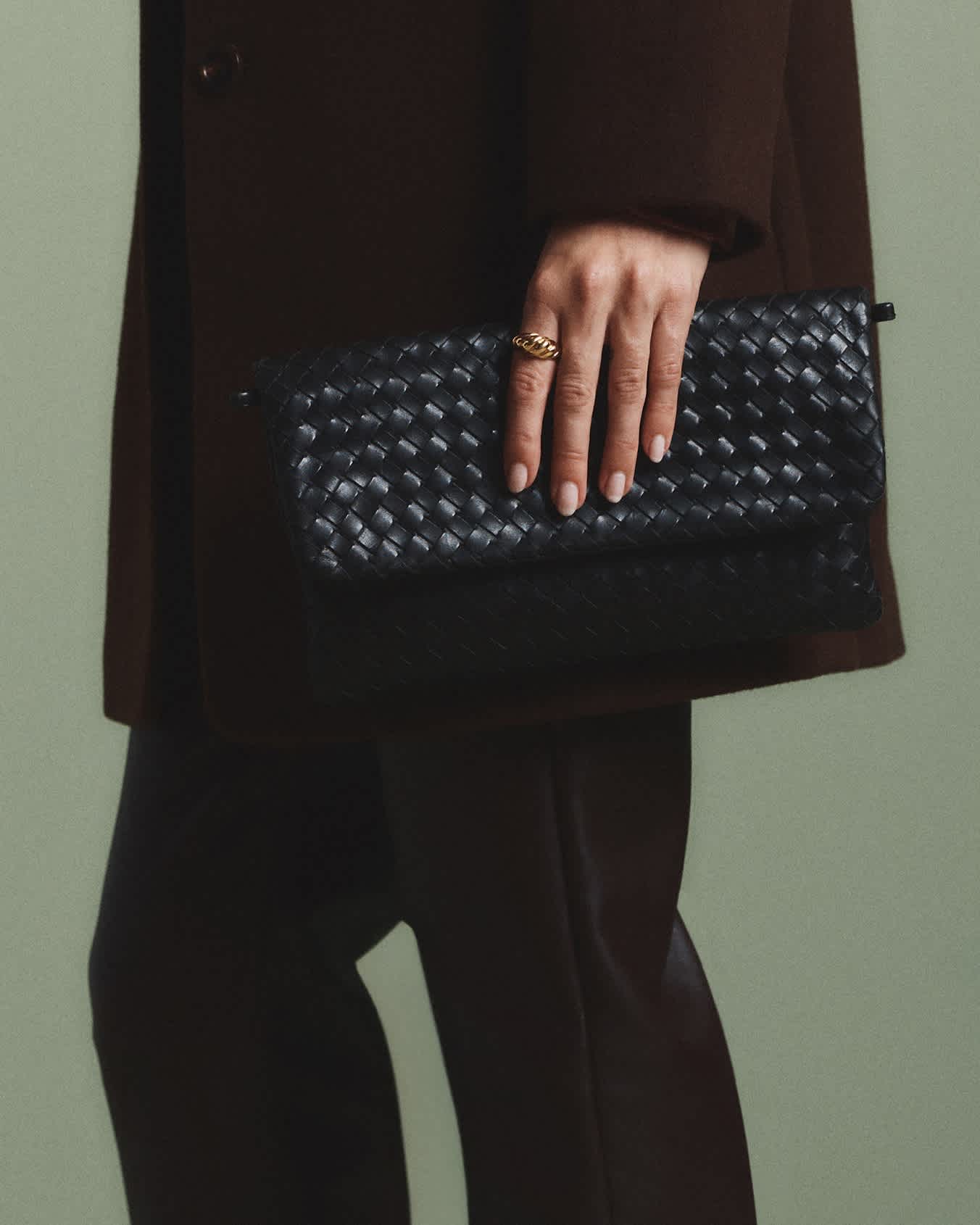 Black Italian Leather Handwoven Convertible Clutch