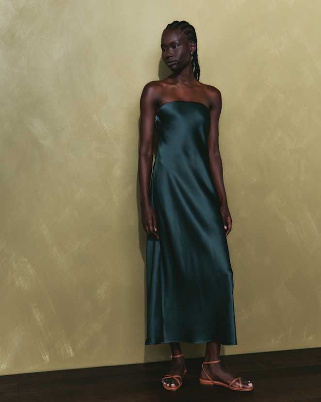 Forest Green 100% Washable Silk Strapless Midi Dress