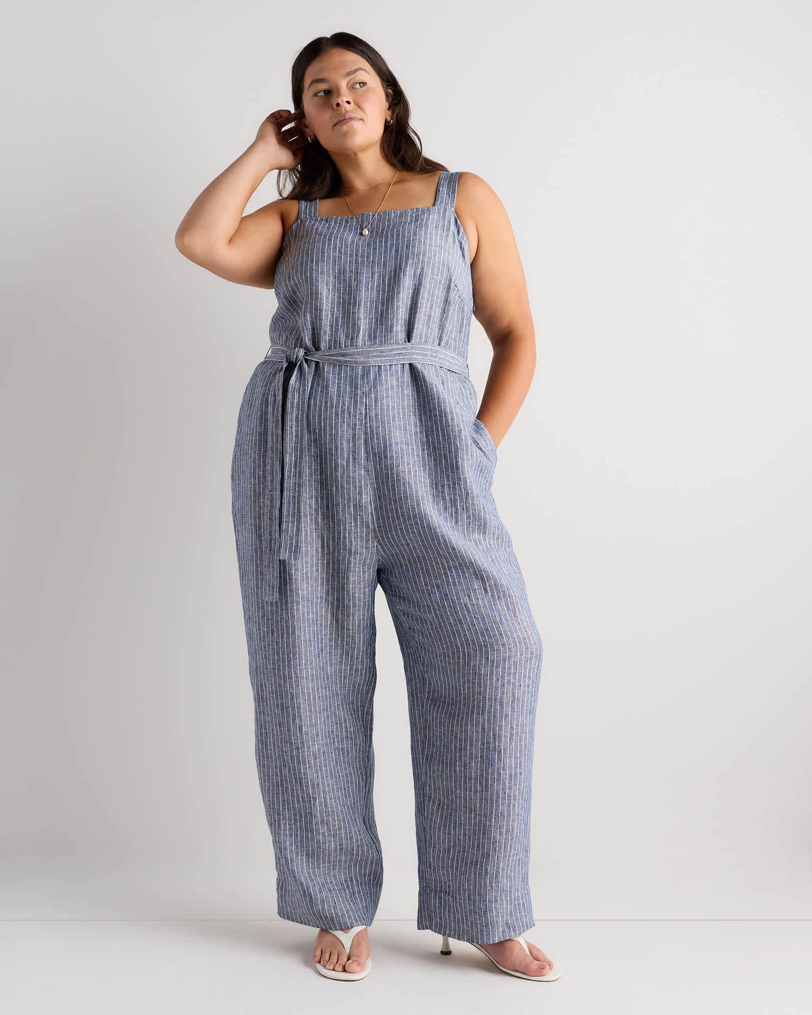 Chambray Stripe Combinaison 100 % lin européen à encolure carrée