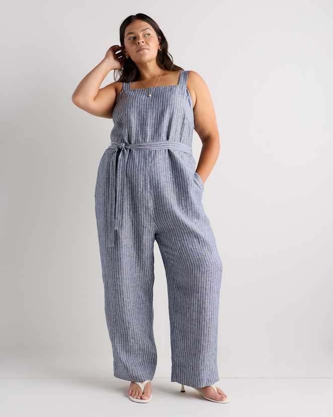 Chambray Stripe 100% European Linen Square Neck Jumpsuit