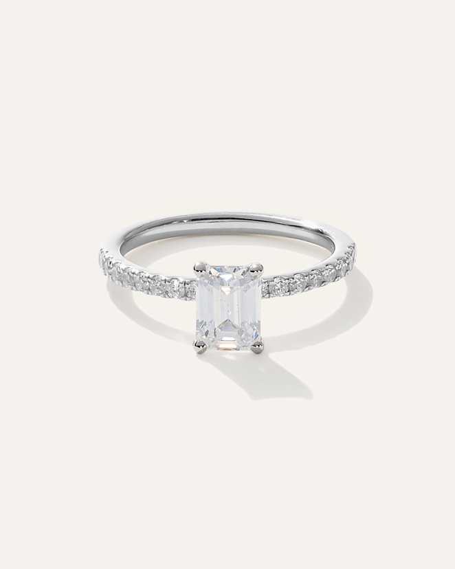 White Gold Lab Grown Diamond Emerald Petite Pave Engagement Ring - 1ct
