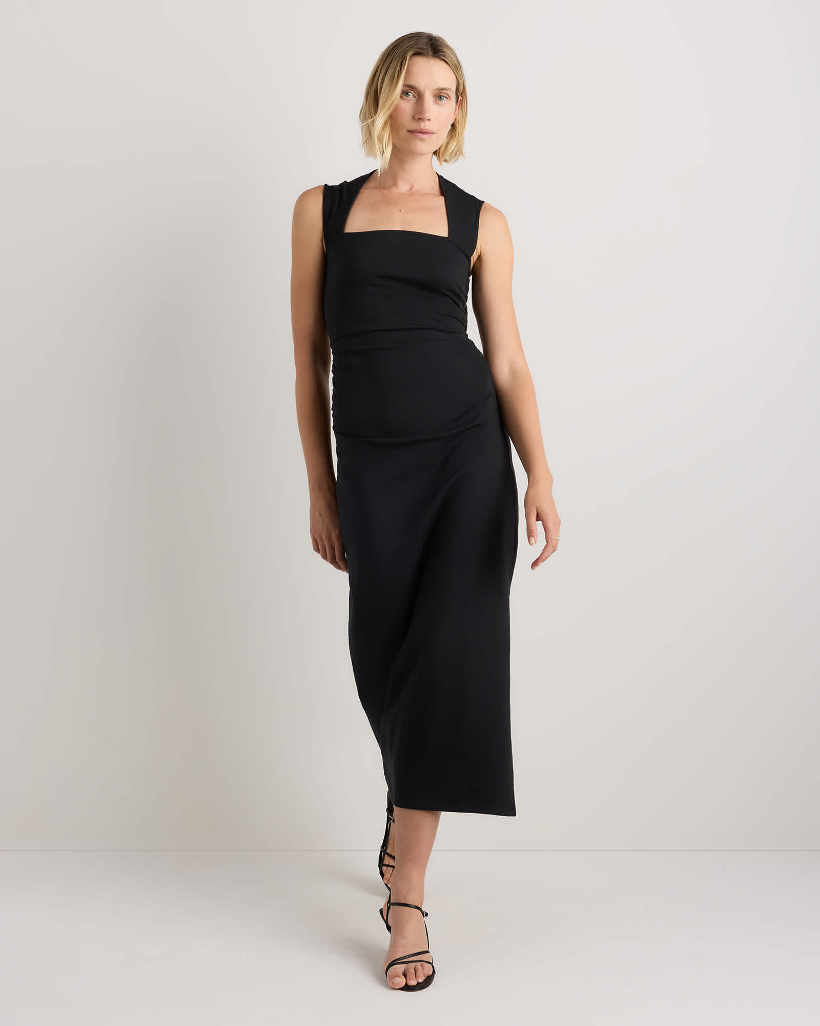 True Black Stretch Cotton Jersey Square Neck Ruched Midi Dress