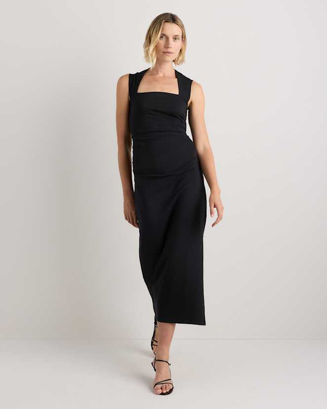 True Black Stretch Cotton Jersey Square Neck Ruched Midi Dress