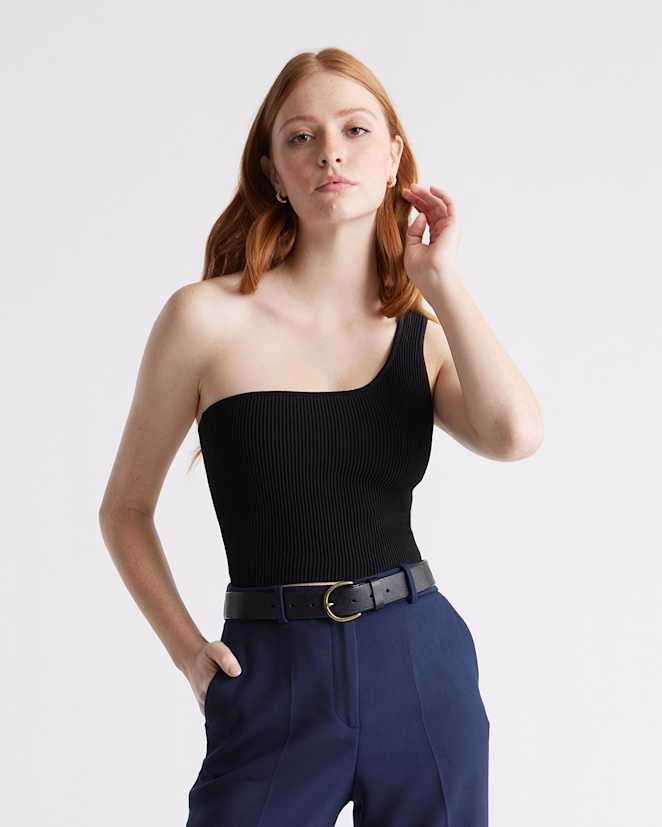 Black Cropped One Shoulder Ribbed Knit Tank
