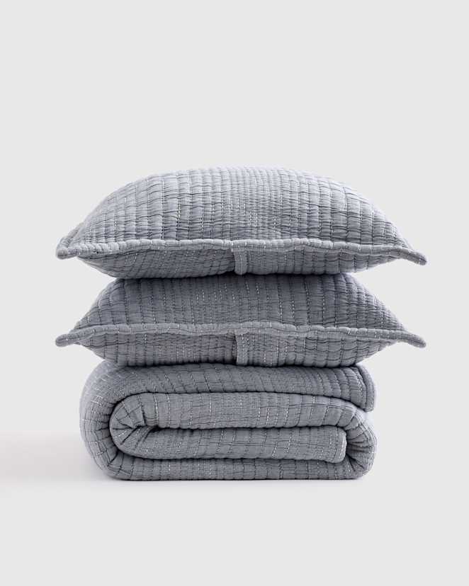 Blue Organic Cotton Channel Stitch Coverlet Set