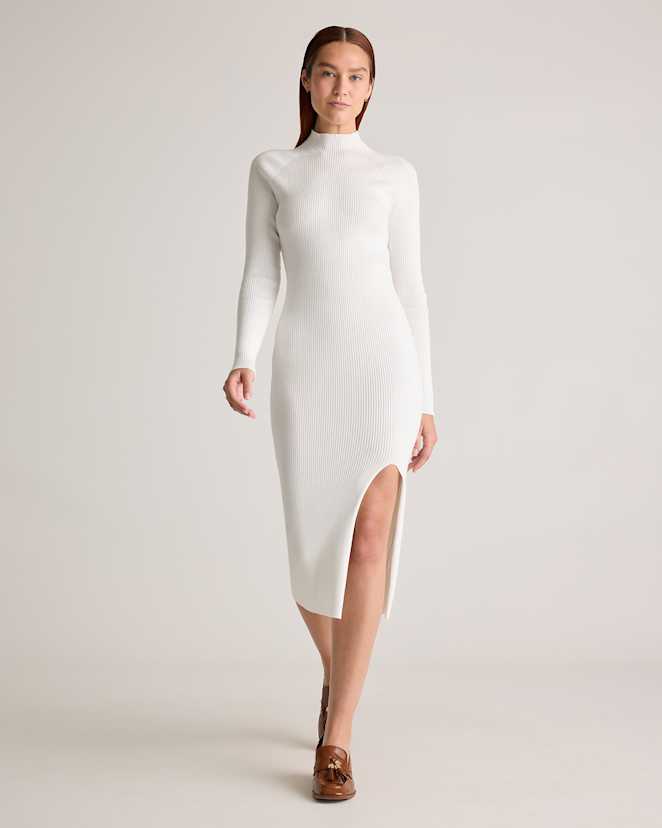Ivory Eco-Knit Ribbed Mock Neck Sweater Dress