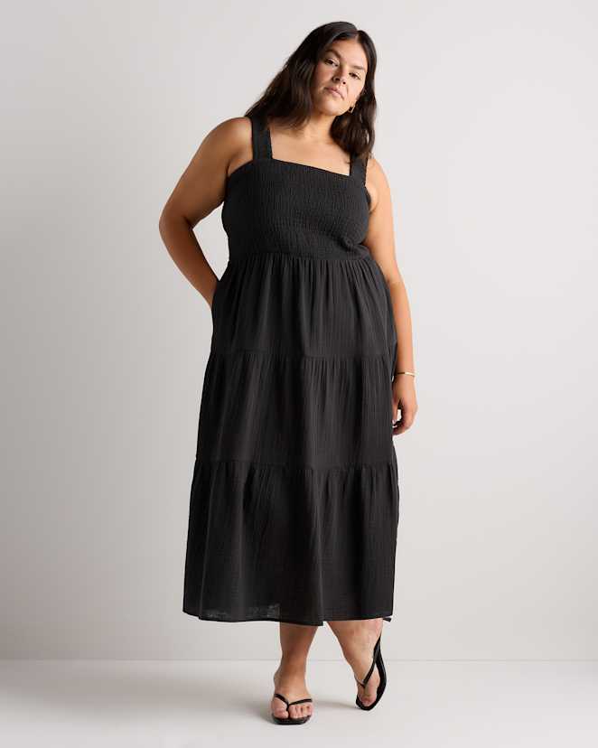 Black 100% Organic Cotton Gauze Smocked Sleeveless Maxi Dress