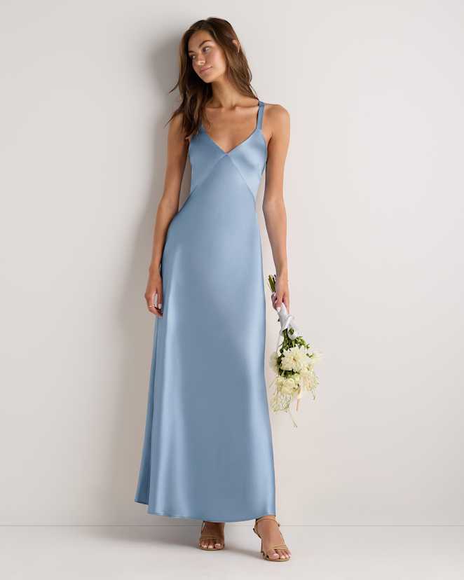 Dusty Steel Blue Bianca Stretch Satin Dress