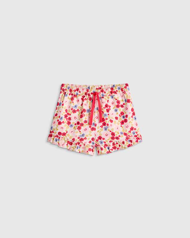 Pink Poppy Floral Girls Ruffle Hem Woven Short