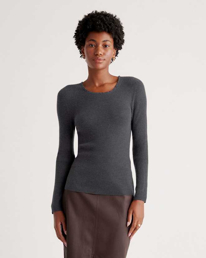Charcoal Featherweight Cashmere Ribbed Crewneck Sweater