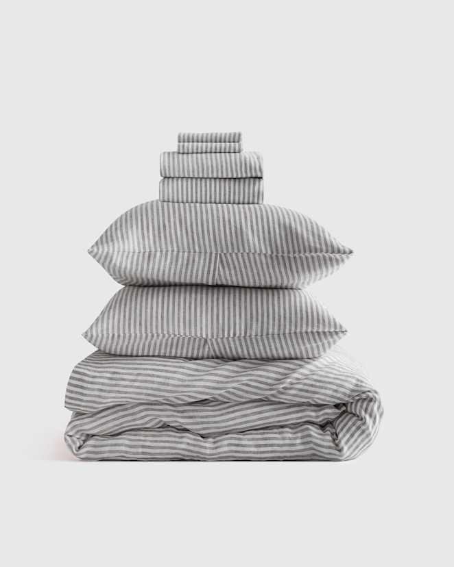 Grey/White Stripe European Linen Stripe Deluxe Bedding Bundle