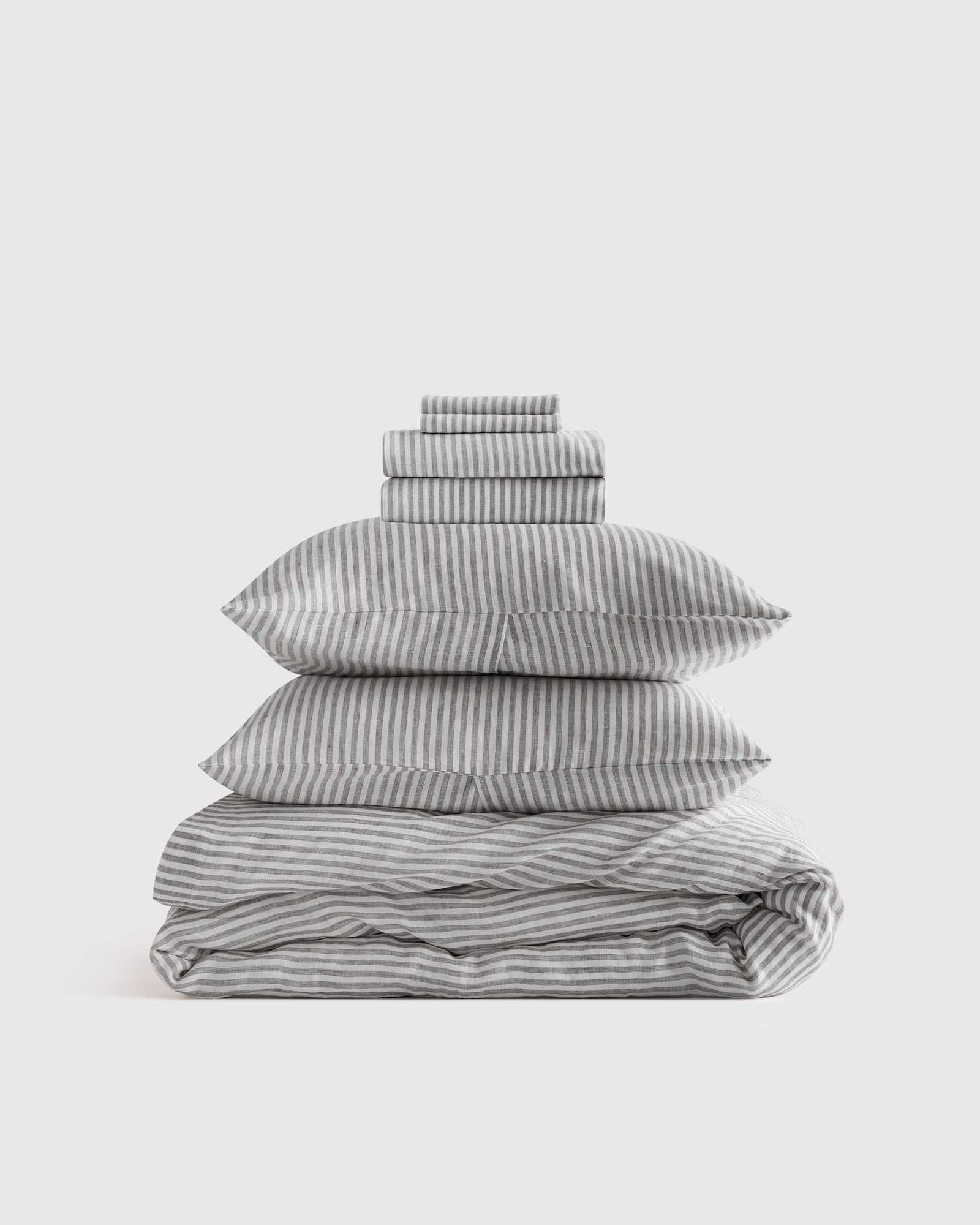 grey/white-stripe European Linen Deluxe Bedding Bundle