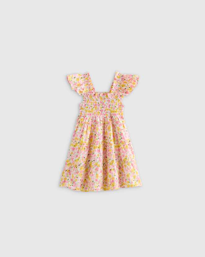 Watercolor Ditsy 100% Organic Cotton Poplin Smocked Dress