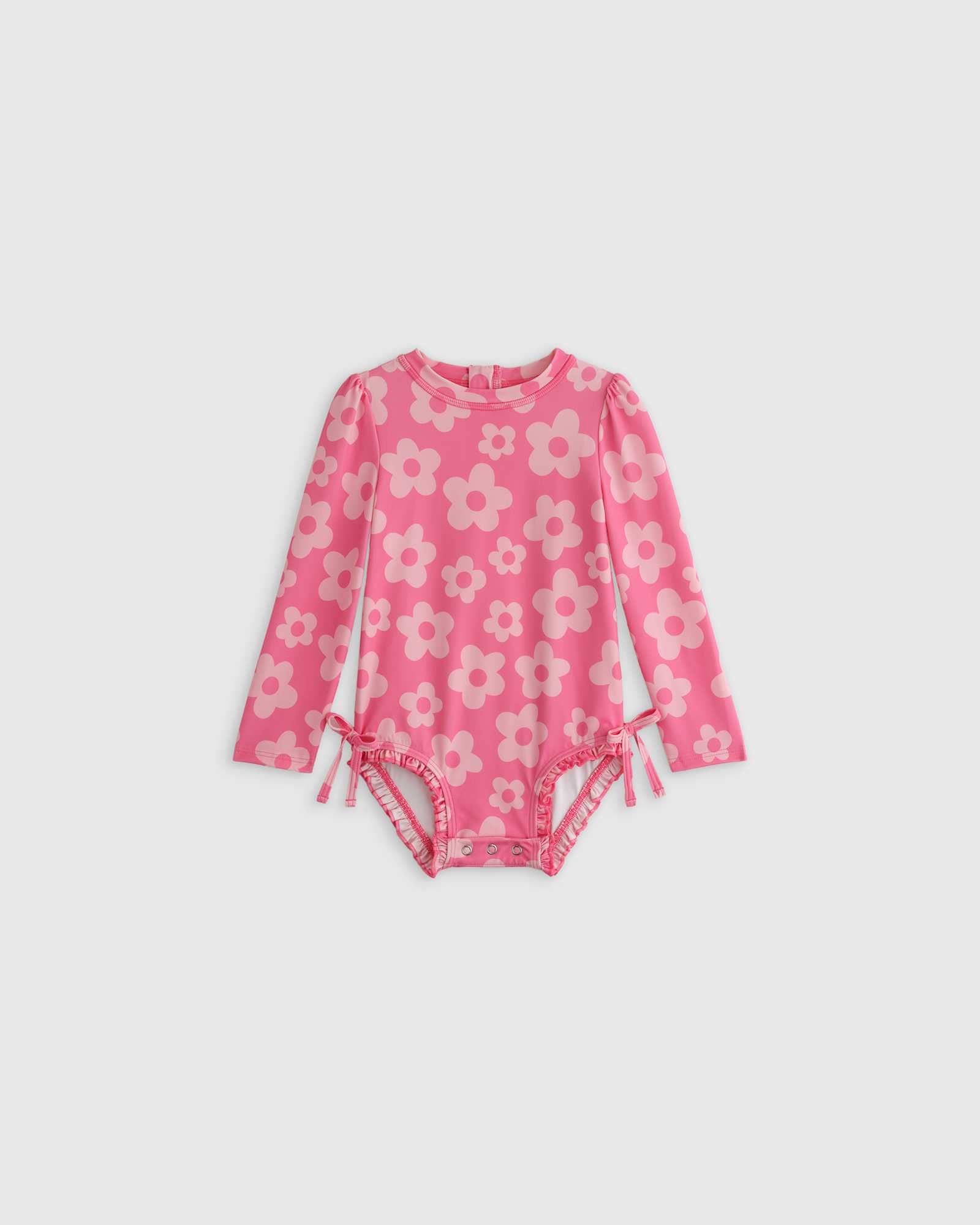 pink-daisy Long Sleeve Tie One-Piece Swimsuit