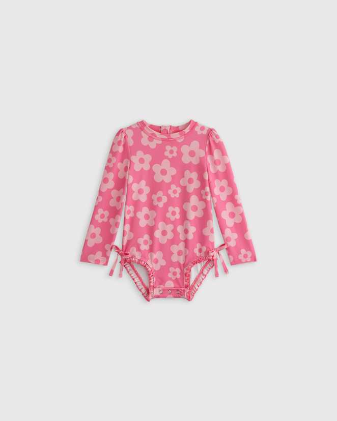Pink Daisy Long Sleeve Tie One-Piece Swimsuit