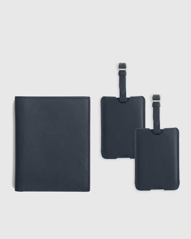 Navy Nappa Leather RFID Blocking Passport Holder & Luggage Tags Set