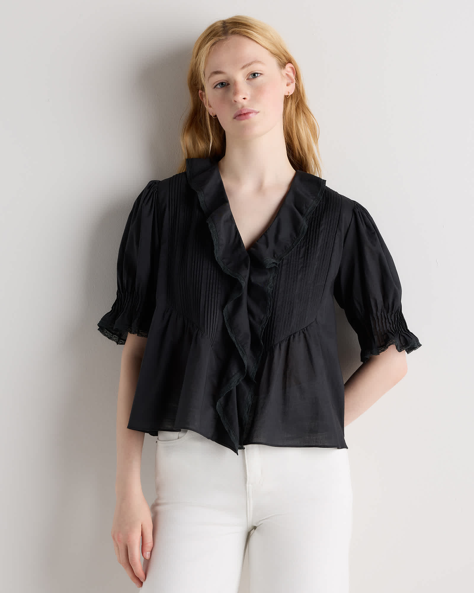 True Black Organic Cotton Voile Short Sleeve Peasant Blouse