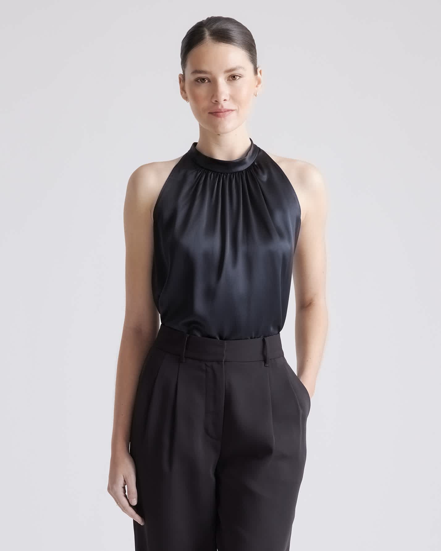 black 100% Washable Silk Halter Top