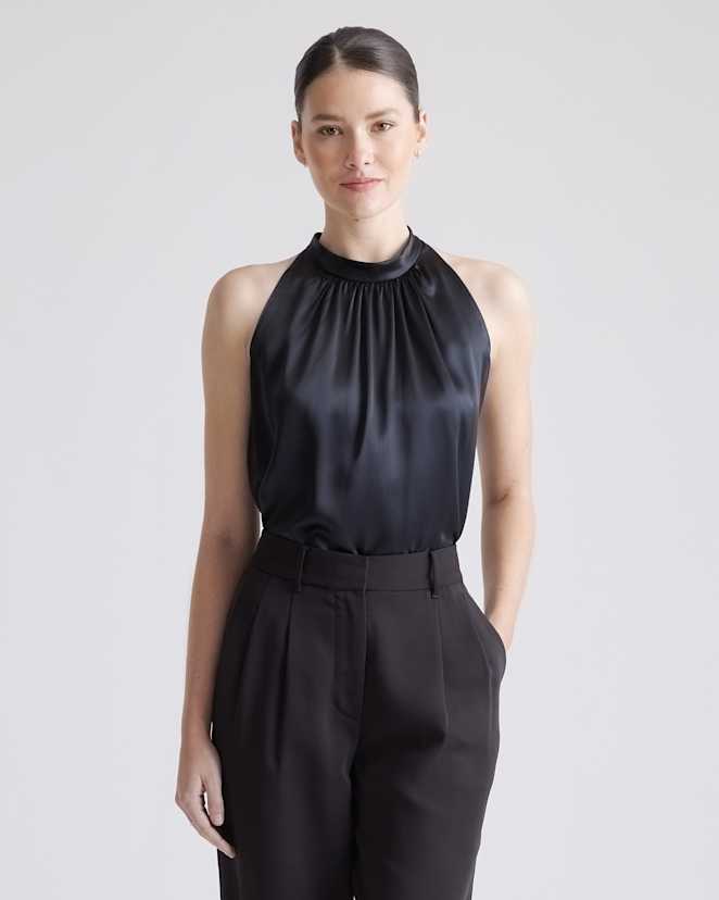 Black 100% Washable Silk Halter Top