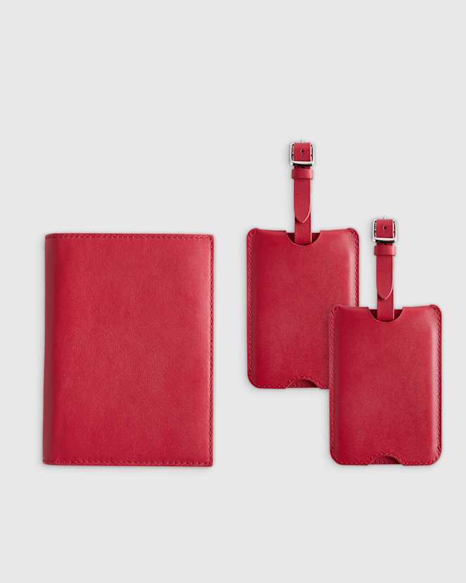 Cherry Red Nappa Leather RFID Blocking Passport Holder & Luggage Tags Set