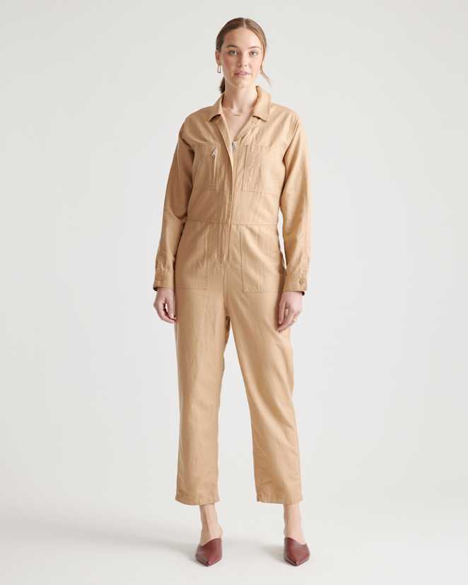 Camel Cotton Linen Twill Long Sleeve Coverall Jumpsuit