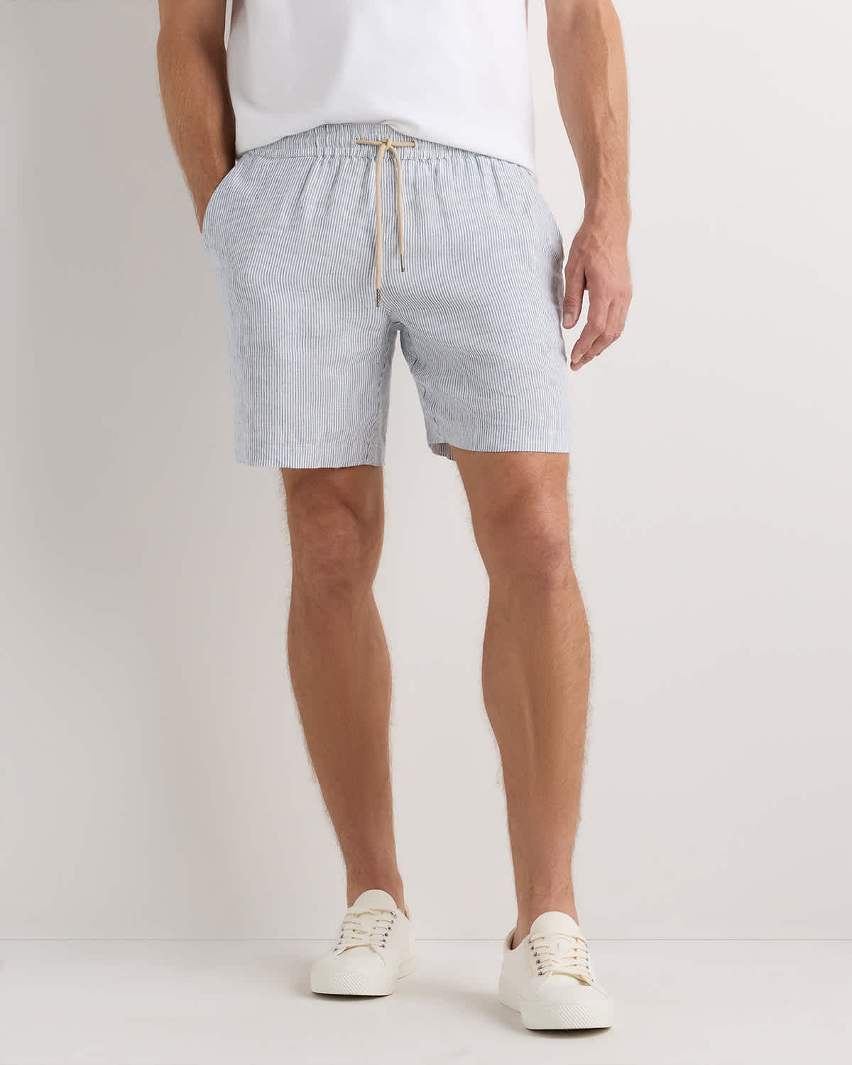 blue-pinstripe 100% European Linen Drawstring Beach Shorts - 7"