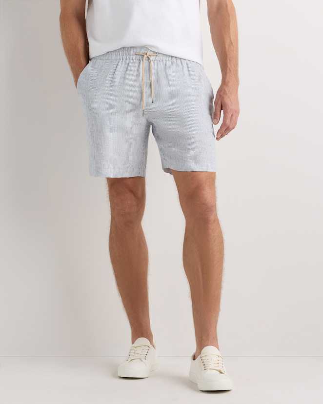 Blue Pinstripe 100% European Linen Drawstring Beach Shorts - 7"