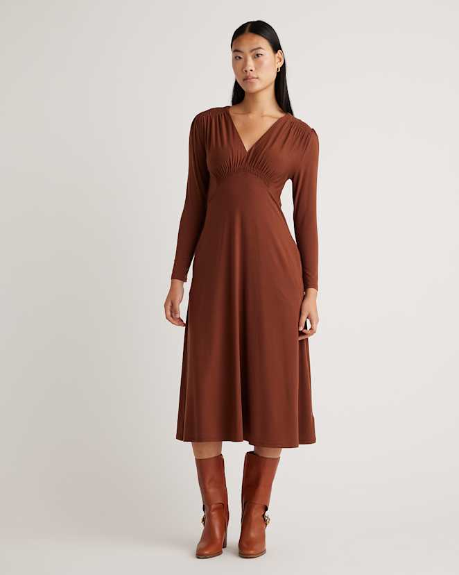 Brown Tencel Jersey V-Neck Long Sleeve Midi Dress