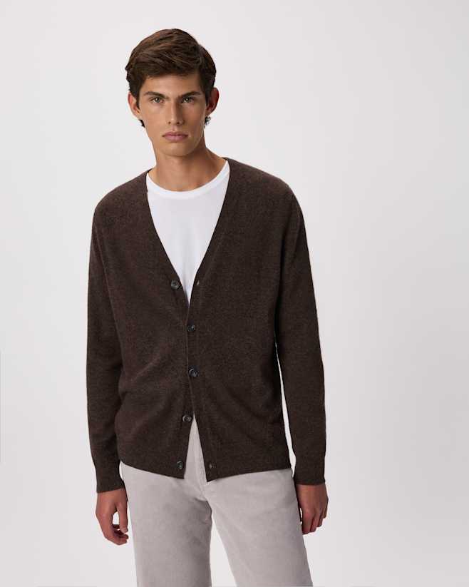 M-SWT-5-HBRN-01 EDITED Heather Truffle Brown Mongolian Cashmere Cardigan Sweater
