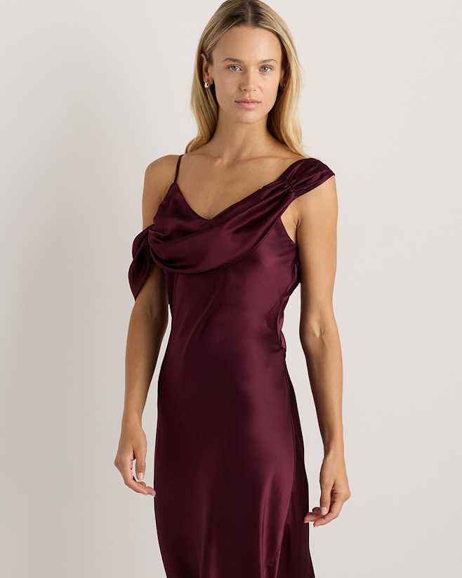 Wine Tasting Red 100% Washable Silk Draped Shoulder Maxi Dress