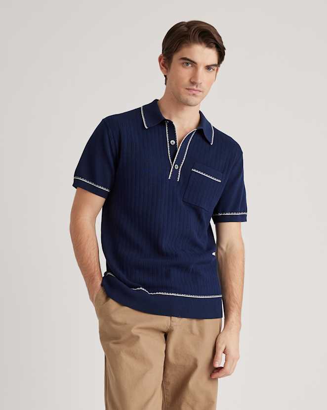 Navy/Ivory Organic Cotton-Silk Tipped Polo Sweater