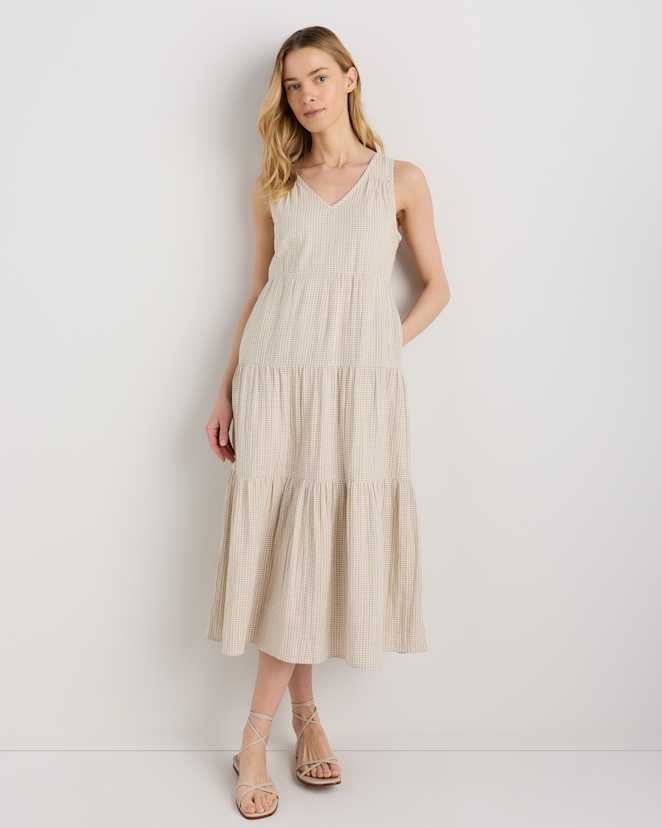 Khaki Gingham 100% Organic Cotton Gauze Tiered Maxi Dress