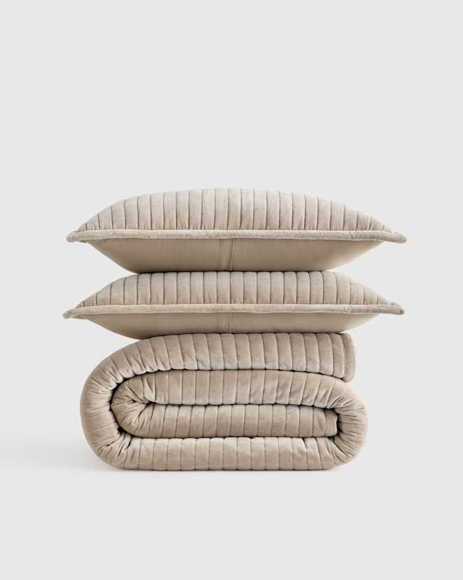 Light Taupe Cotton Velvet Horizontal Channel Quilt Set