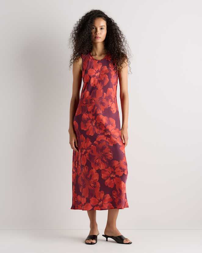 Cordovan Red Hibiscus Washable Stretch Silk Tank Midi Dress