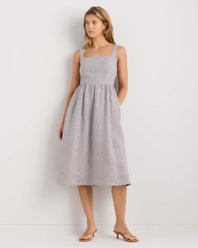 Taupe Brown Gingham 100% European Linen Fit & Flare Midi Dress