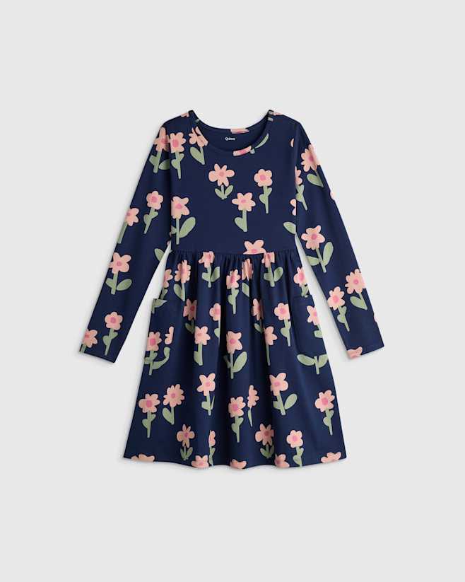 Navy Daisies Organic Cotton Long Sleeve Fit and Flare Pocket Dress
