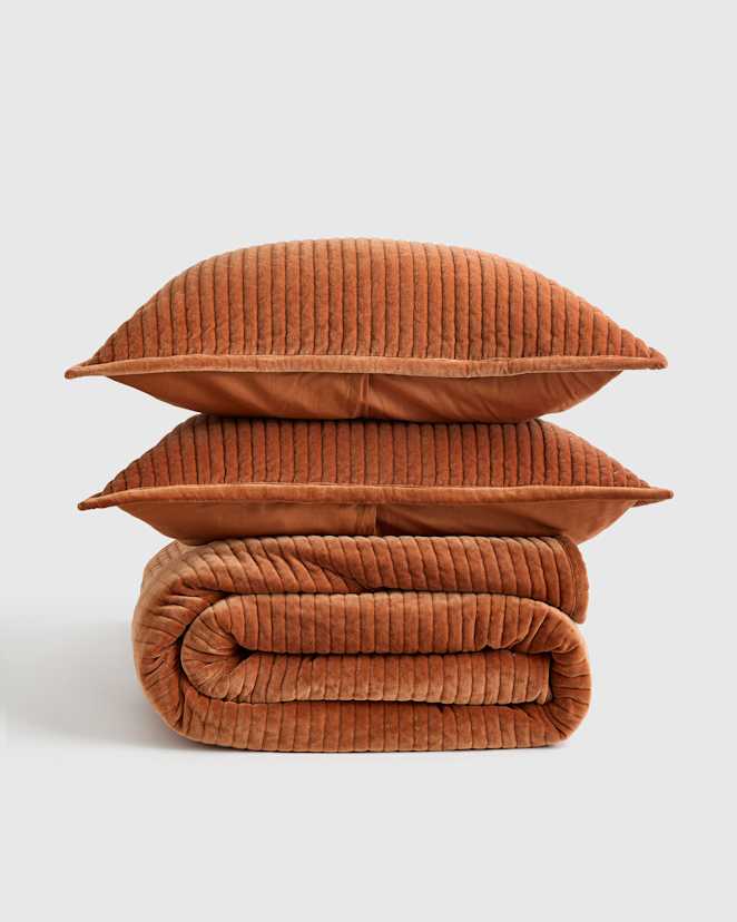 Terracotta Cotton Velvet Channel Quilt Set