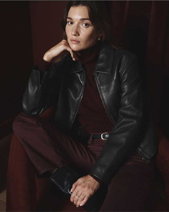 True Black Veste courte à fermeture à glissière 100 % cuir