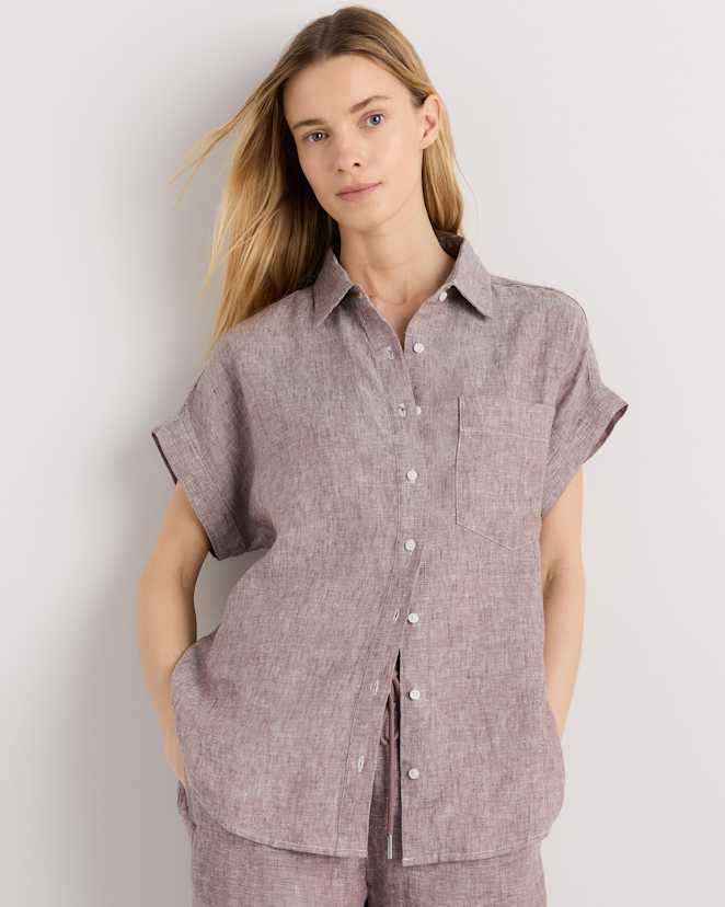 Taupe Brown Chambray 100% European Linen Camp Shirt
