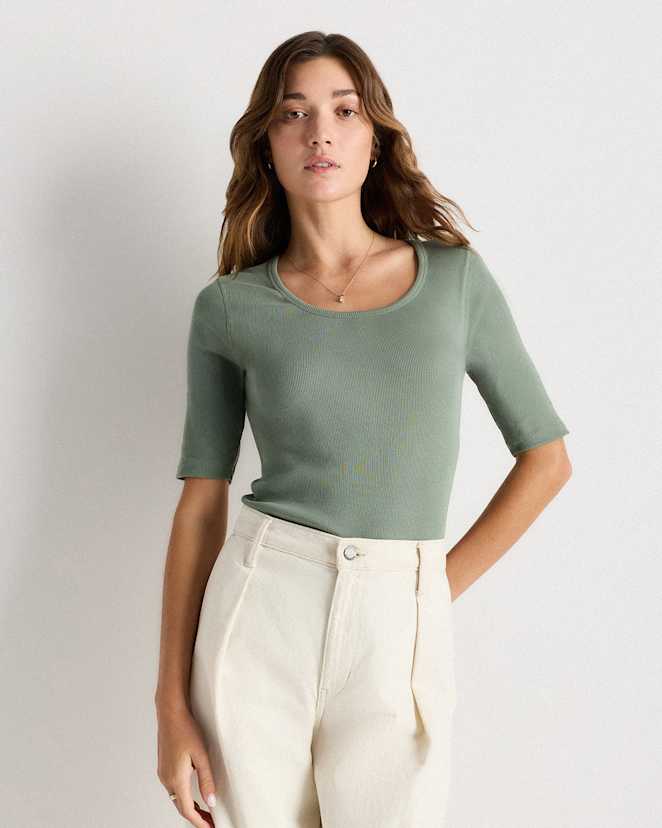 Sea Spray Green Organic Cotton Micro-Rib Elbow Sleeve Tee