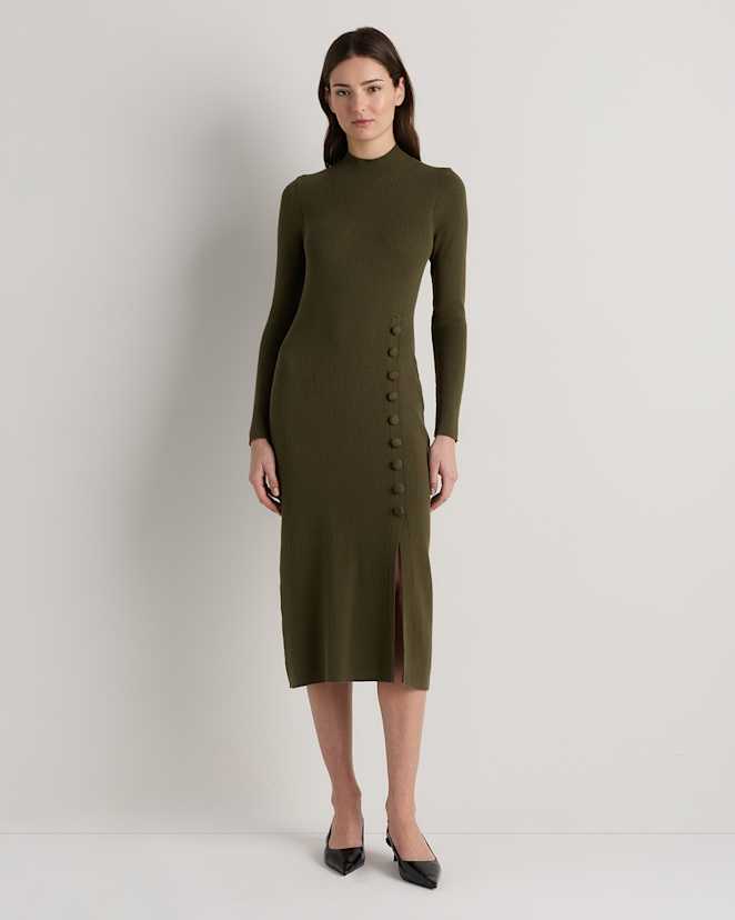 Olive Cotton Cashmere Side Slit Midi Dress