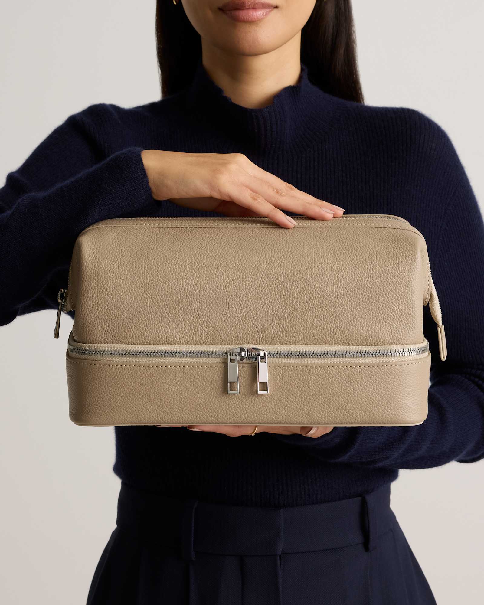 Taupe Italian Leather Dual Compartment Toiletry Bag